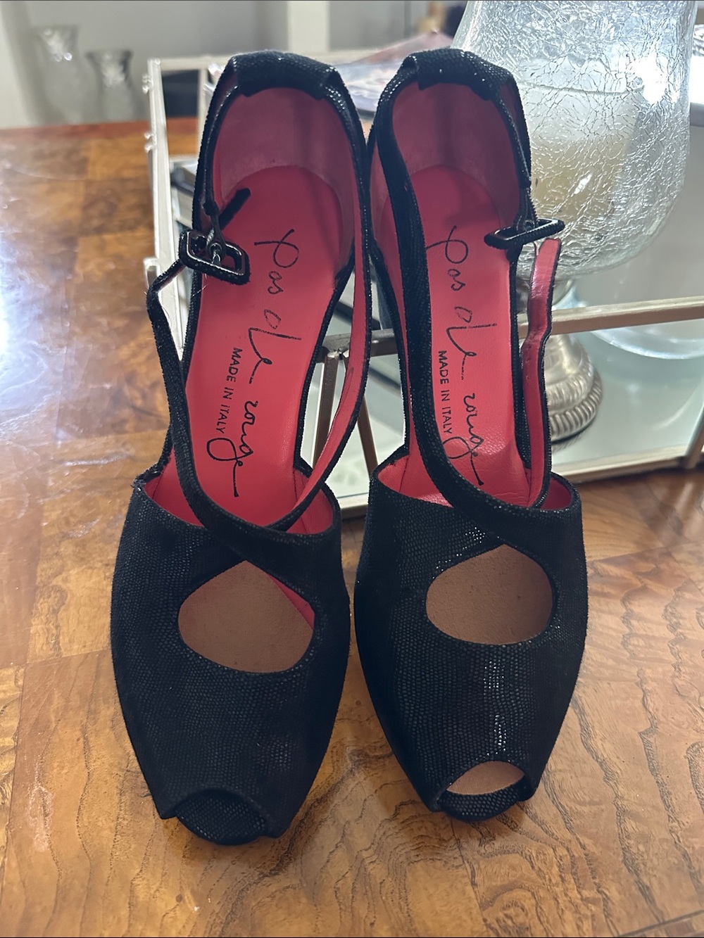 Pas de Rouge Black Peep-Toe Mary Jane Heels with Red Interior